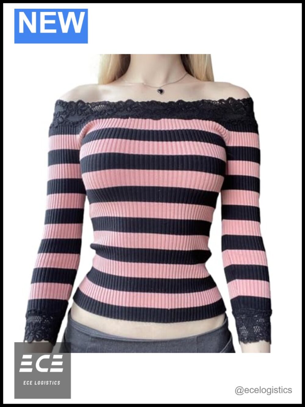 Women Off Shoulder Crop Top Long Sleeve Lace Trim Ribbed Knit Slim Fit Fairy